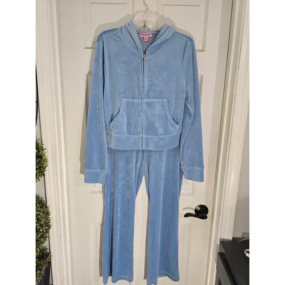 Juicy Couture Blue Velour Tracksuit Zip Hoodie Pants Set Large JC Crest Logo